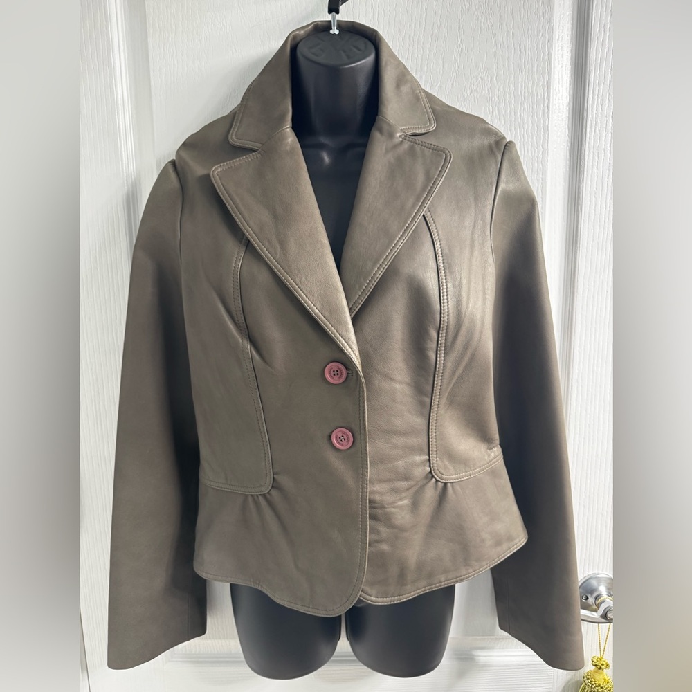 Vintage TAHARI Genuine Leather Cropped Blazer Jacket, Grey , Y2K Minimalist, L